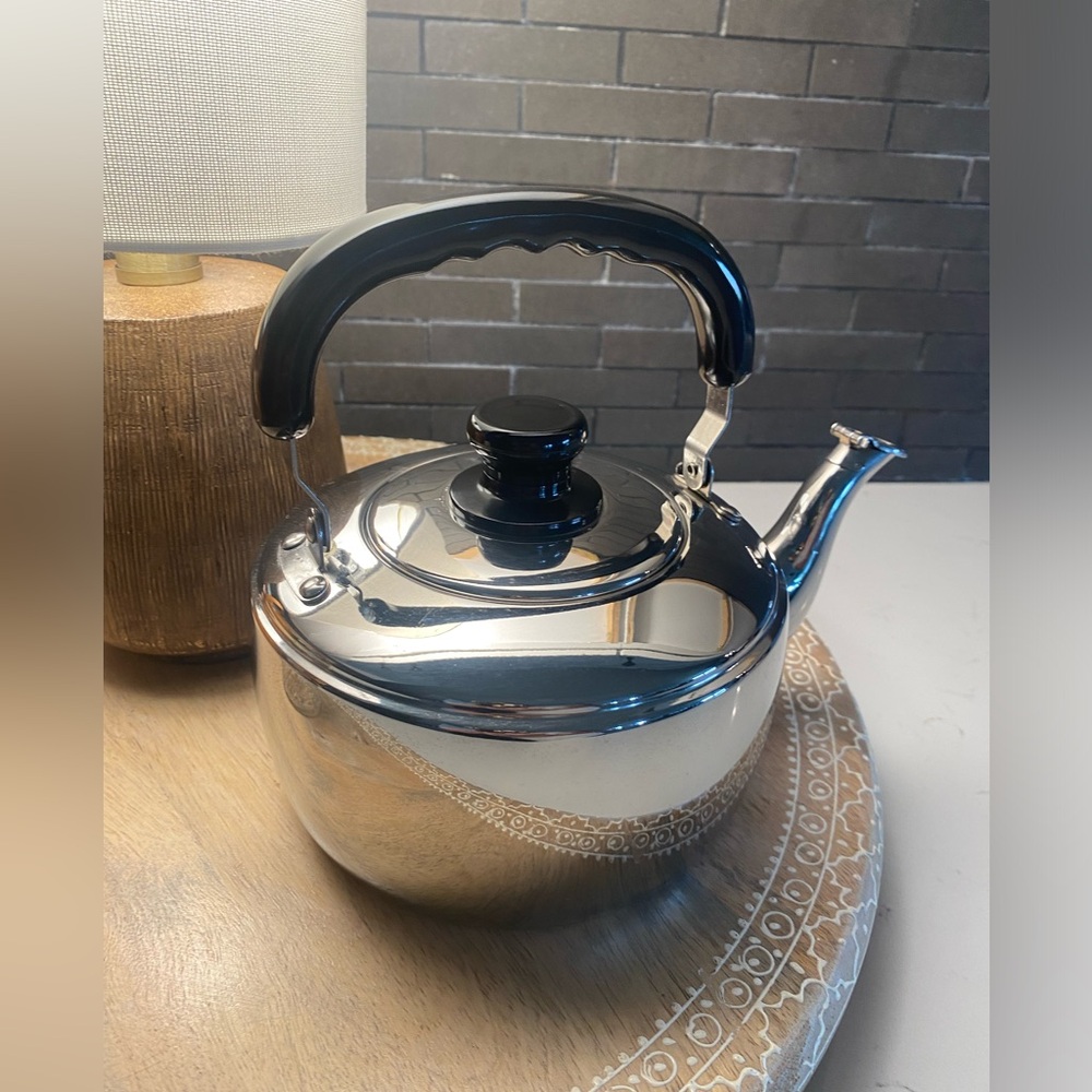 Vintage Casati Aramco Stainless Whistling Tea Kettle with Folding Handle